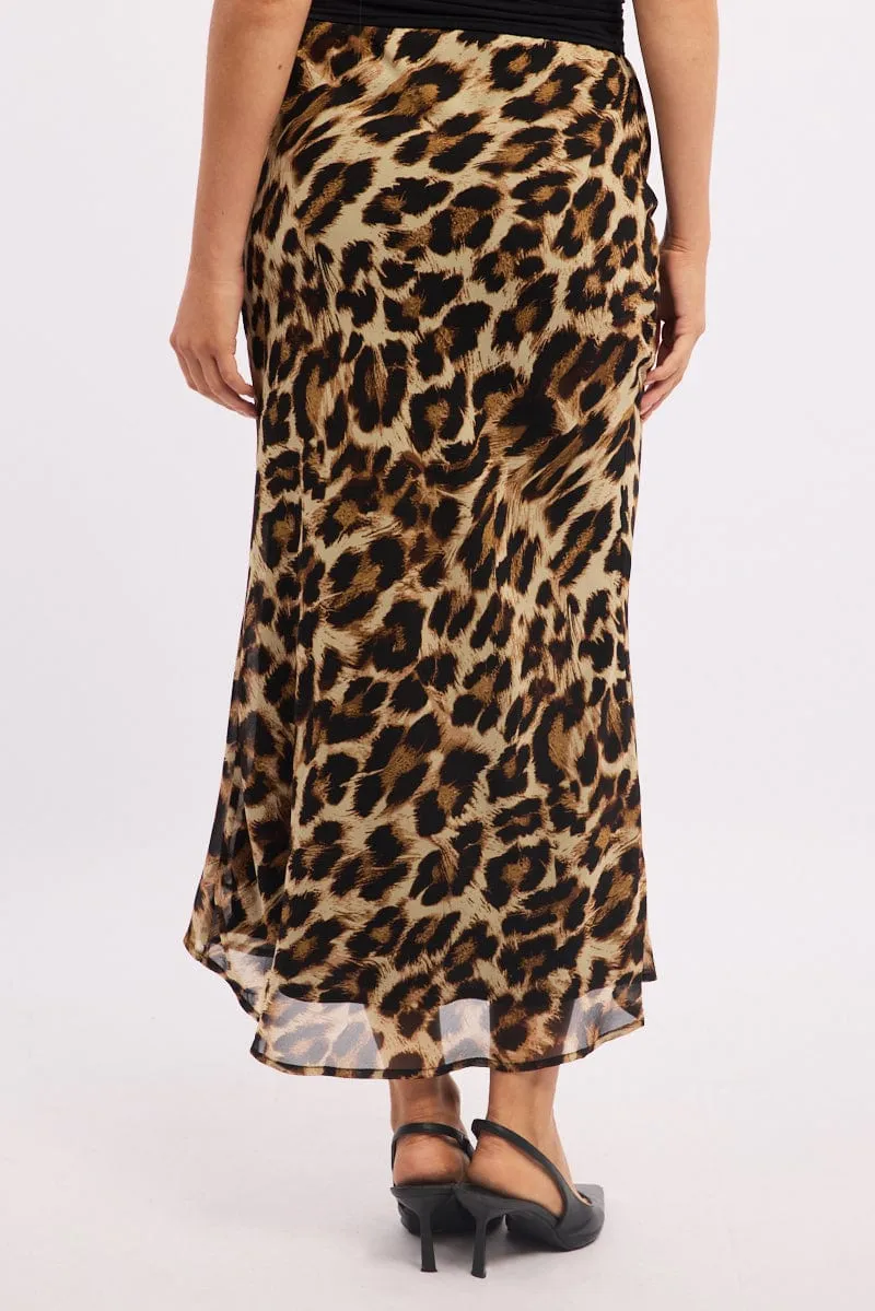 Contrast Stitching Brown Animal Print Slip Skirt High Rise Elastic Waist Maxi