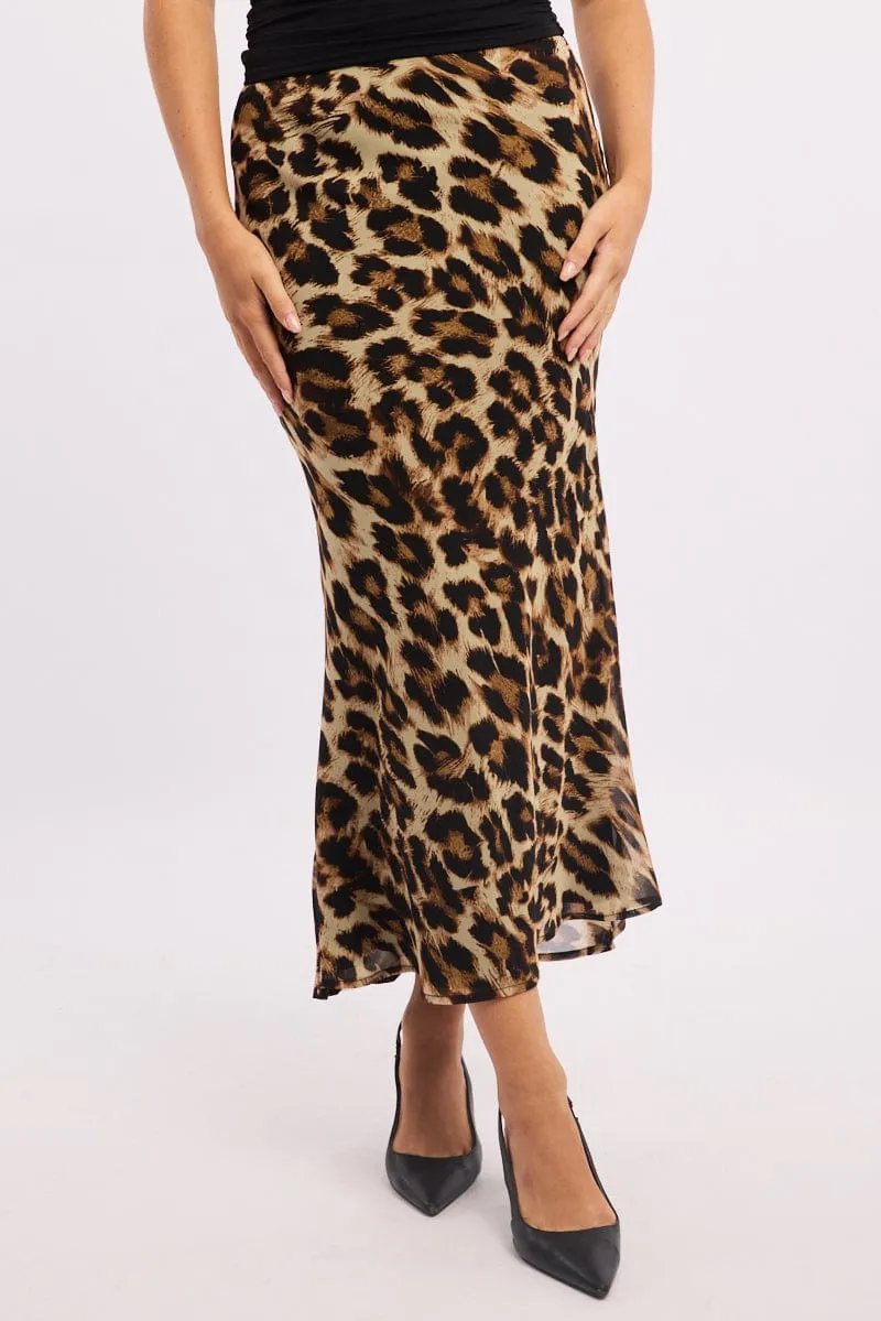 Figure Flattering Bold Accent Brown Animal Print Slip Skirt High Rise Elastic Waist Maxi