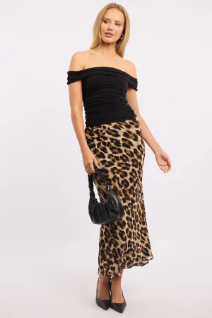 Embroidered Detail Opaque Lining Brown Animal Print Slip Skirt High Rise Elastic Waist Maxi