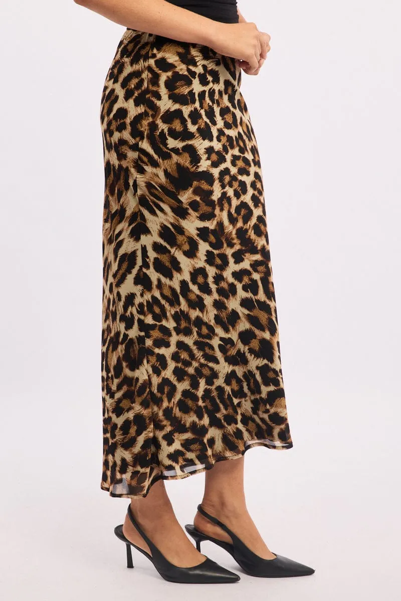 Brown Animal Print Slip Skirt High Rise Elastic Waist Maxi Cashmere Touch Day Ready