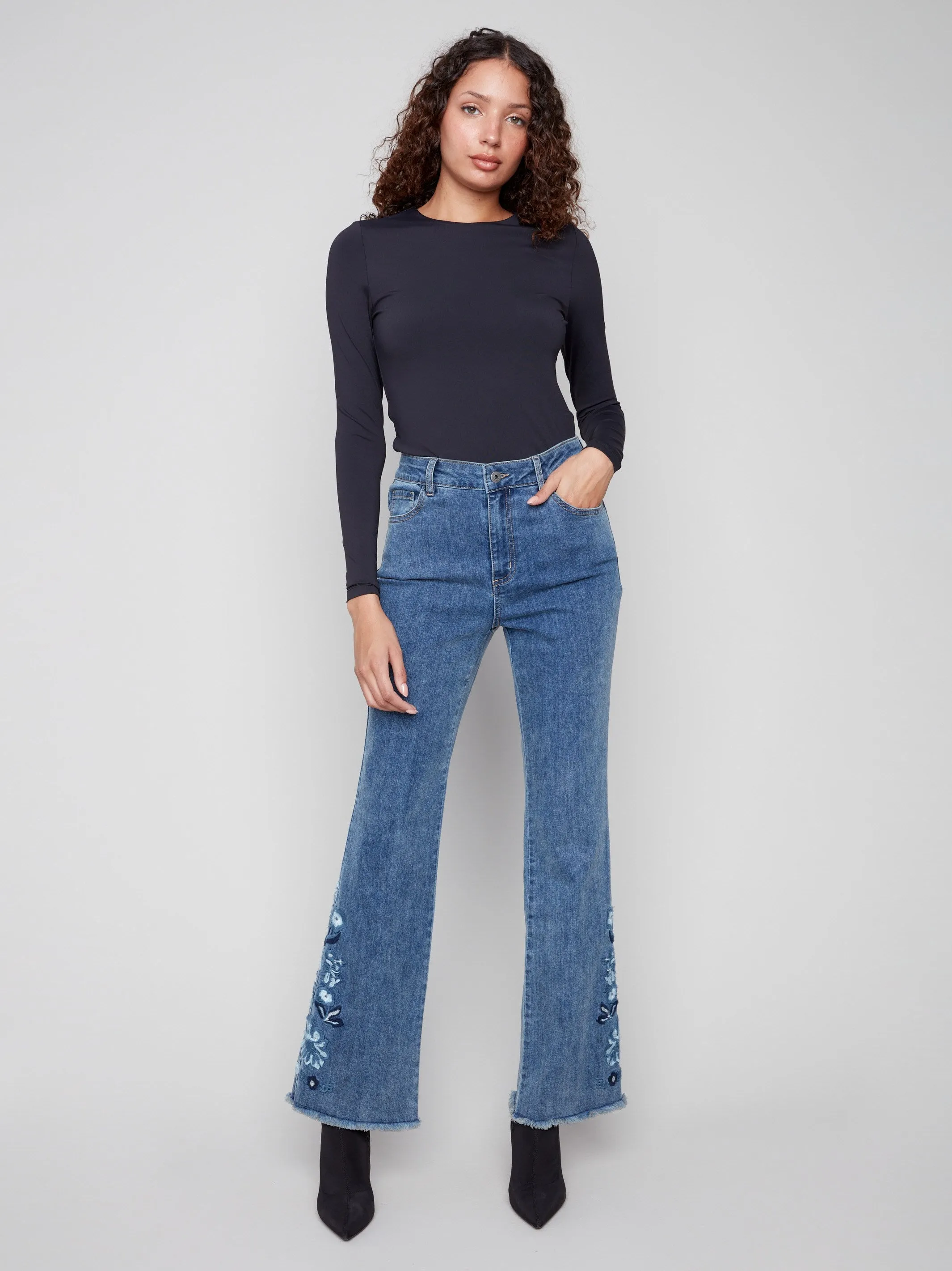 Relaxed Cut Perfect Match Flared Floral Embroidered Jeans - Medium Blue
