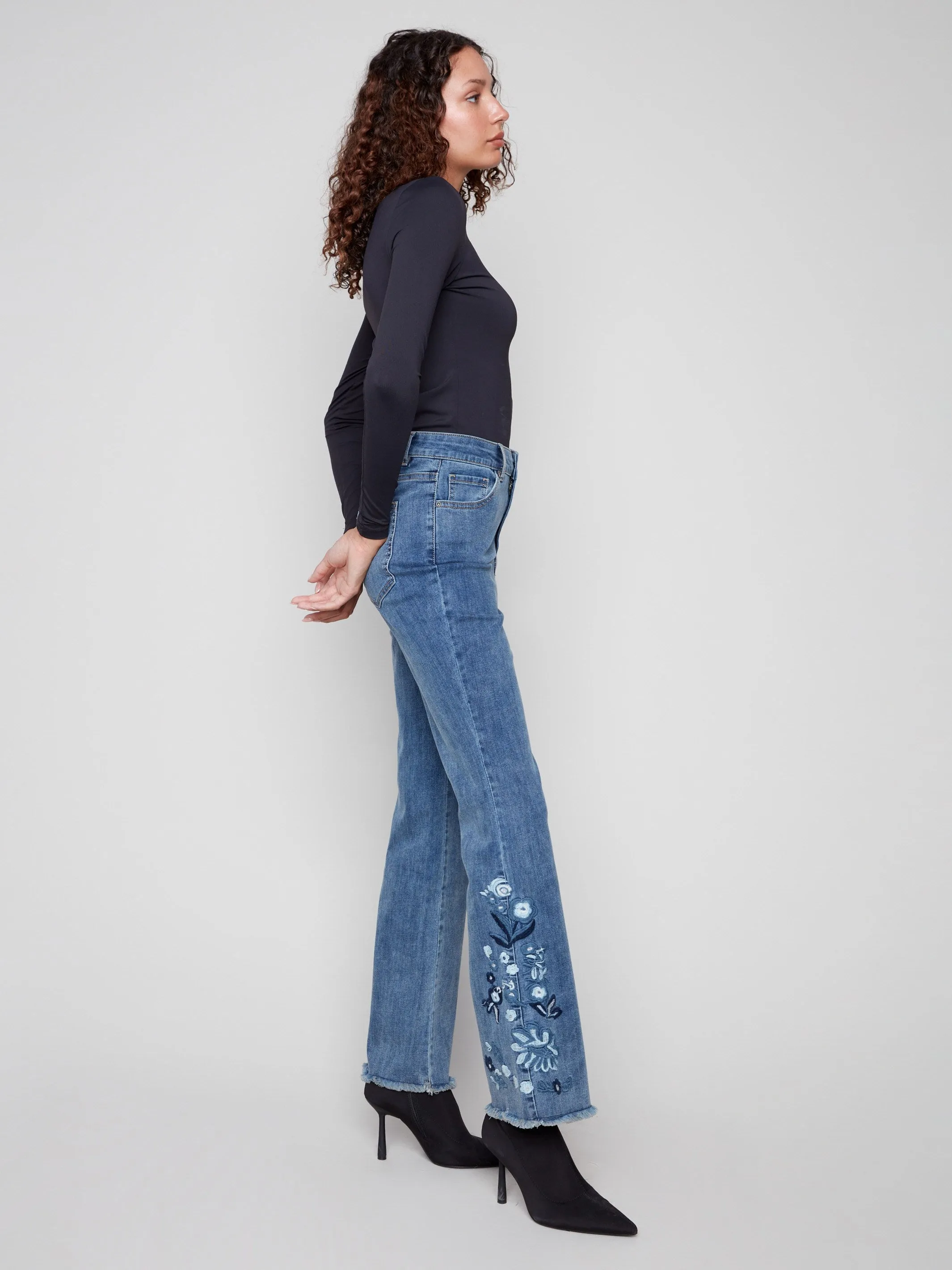 Flared Floral Embroidered Jeans - Medium Blue All Round Piece Durable Streetwear Fan Premium