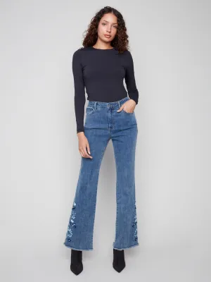 Relaxed Cut Perfect Match Flared Floral Embroidered Jeans - Medium Blue