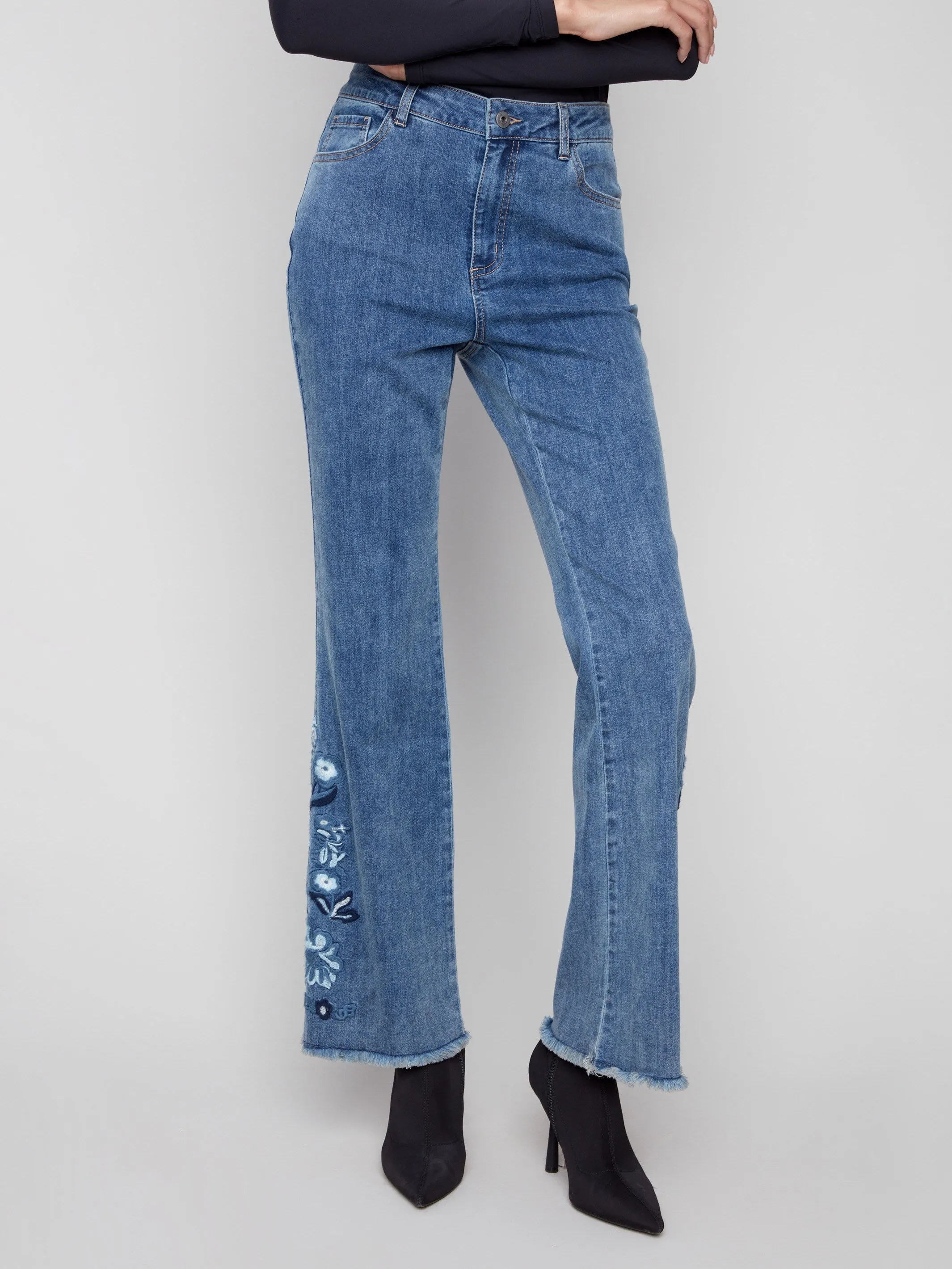 Abrasion Resistant Denim Flared Floral Embroidered Jeans - Medium Blue
