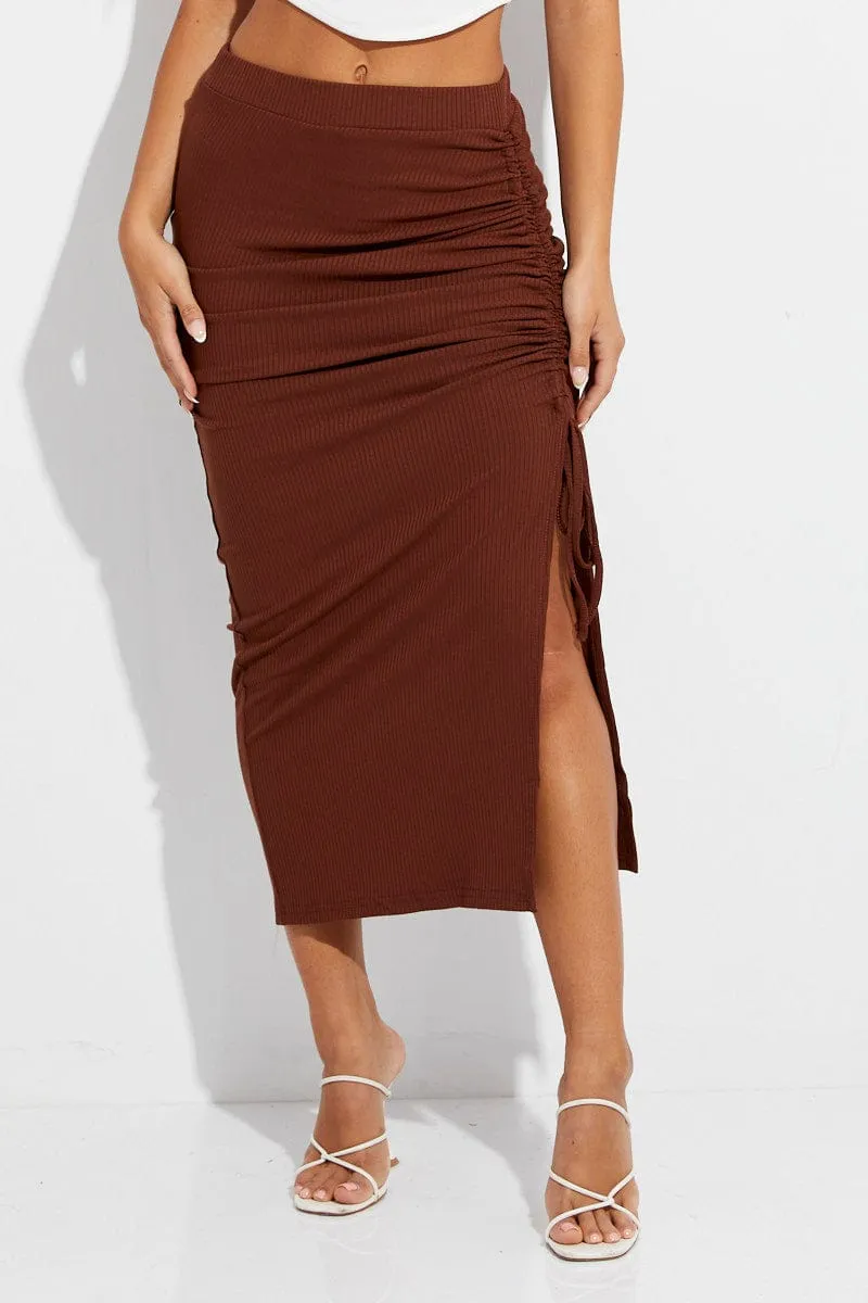 Brown Maxi Skirt Front Slit Ribbed Everyday Favorite