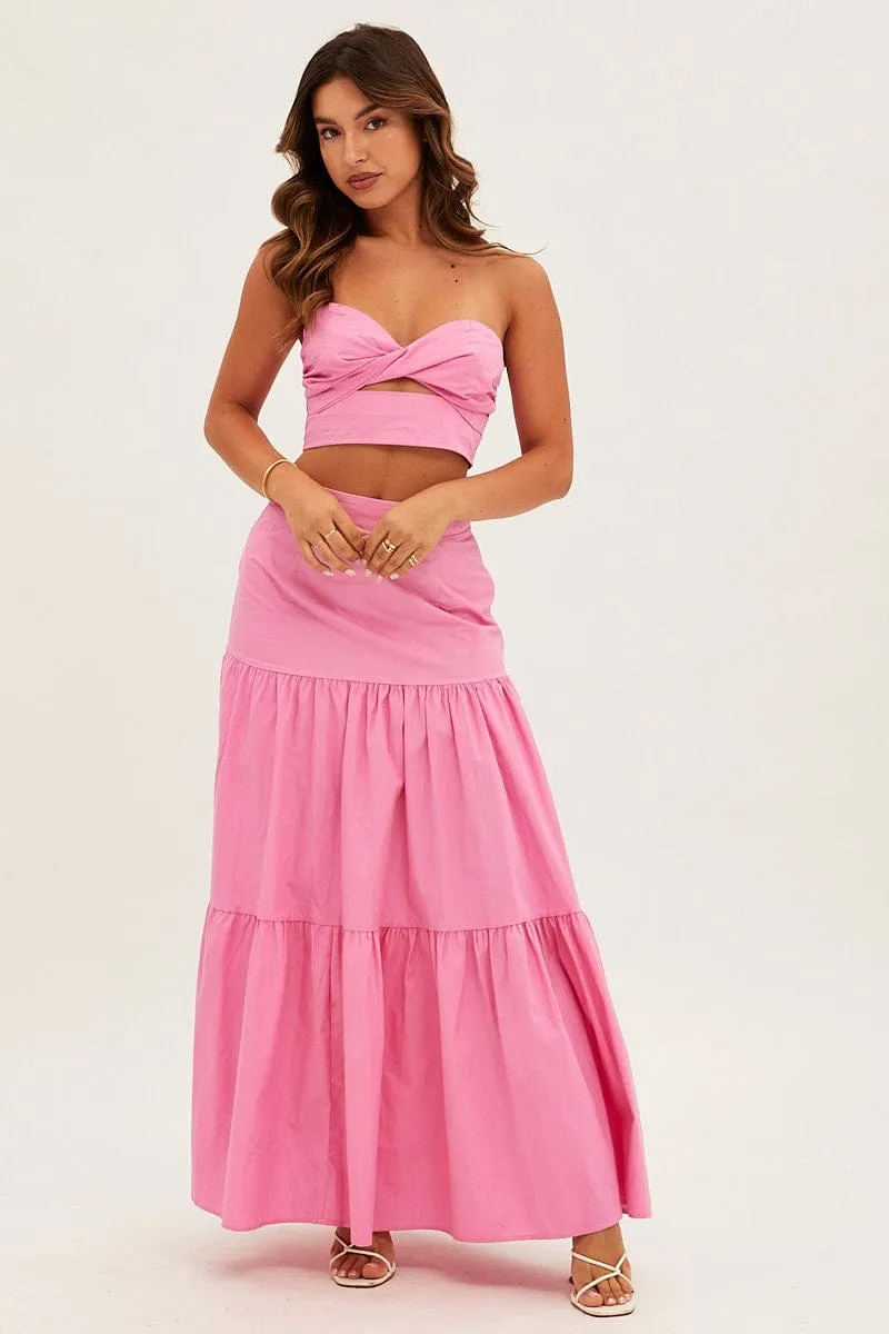 Flexible Knit Pink Maxi Skirt High Rise Tiered