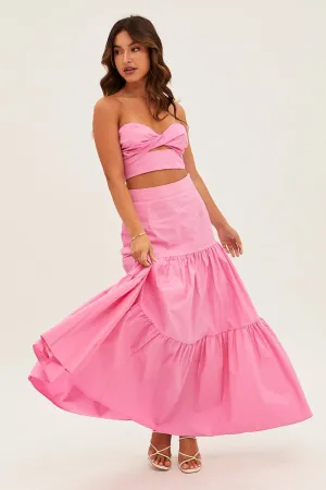 Pink Maxi Skirt High Rise Tiered Drawstring closure Cotton Rich