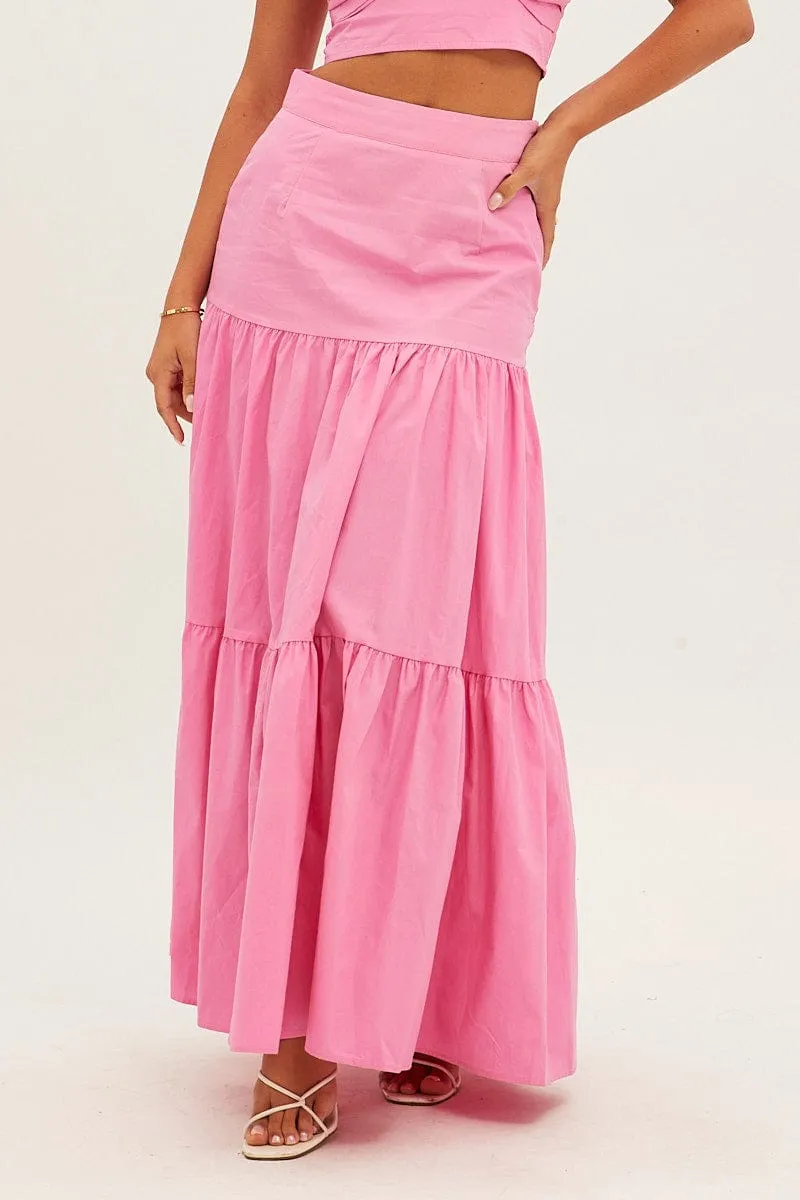 Sequined Finish Pink Maxi Skirt High Rise Tiered