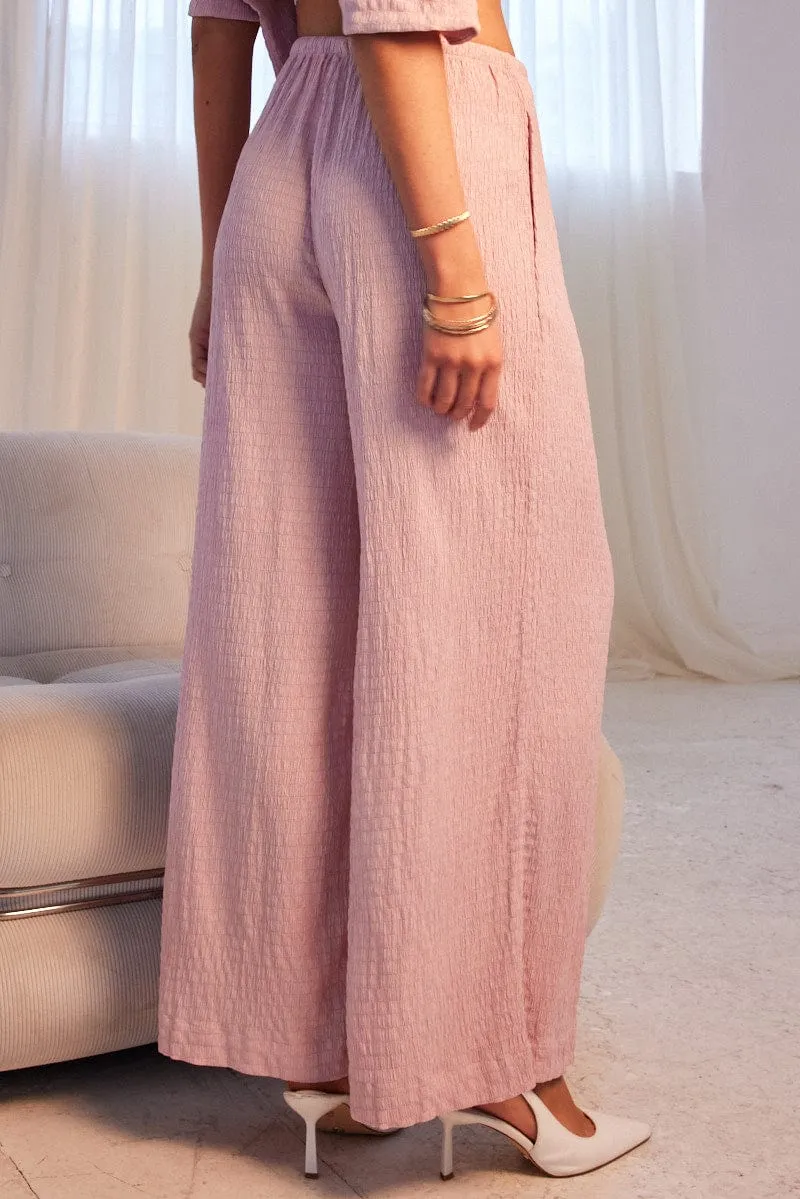 Pink Wide Leg Pants High Rise Textured Fabric Flexible Leg Minimal Look
