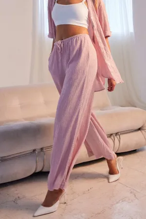Loose cut Pink Wide Leg Pants High Rise Textured Fabric