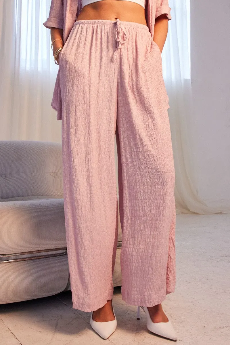 Stretch Panels anti slip grip Pink Wide Leg Pants High Rise Textured Fabric