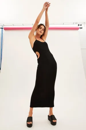 slow life Versatile Design Black Ribbed Midi Dress Cutout