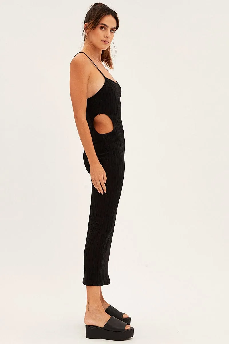Fall Layers Black Ribbed Midi Dress Cutout