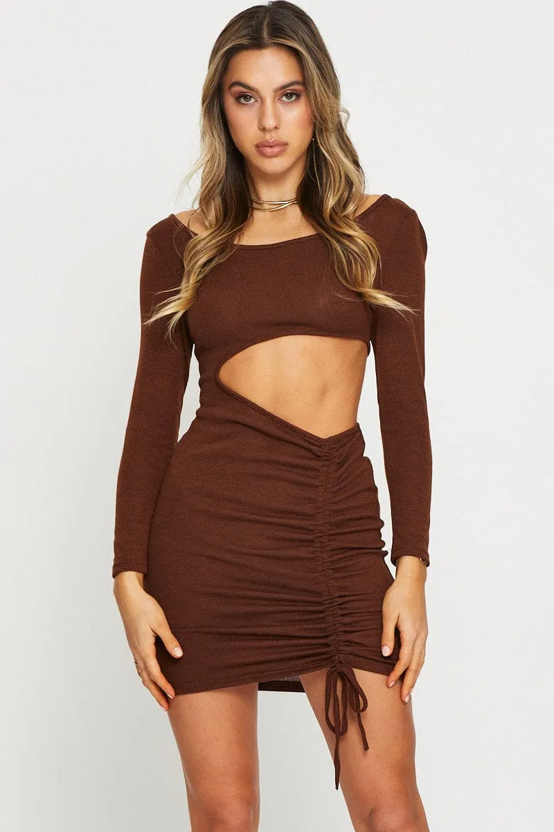 Brown Midi Dress Long Sleeve Stylish Essentials chic aesthetic