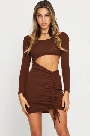 Brown Midi Dress Long Sleeve Stylish Essentials chic aesthetic