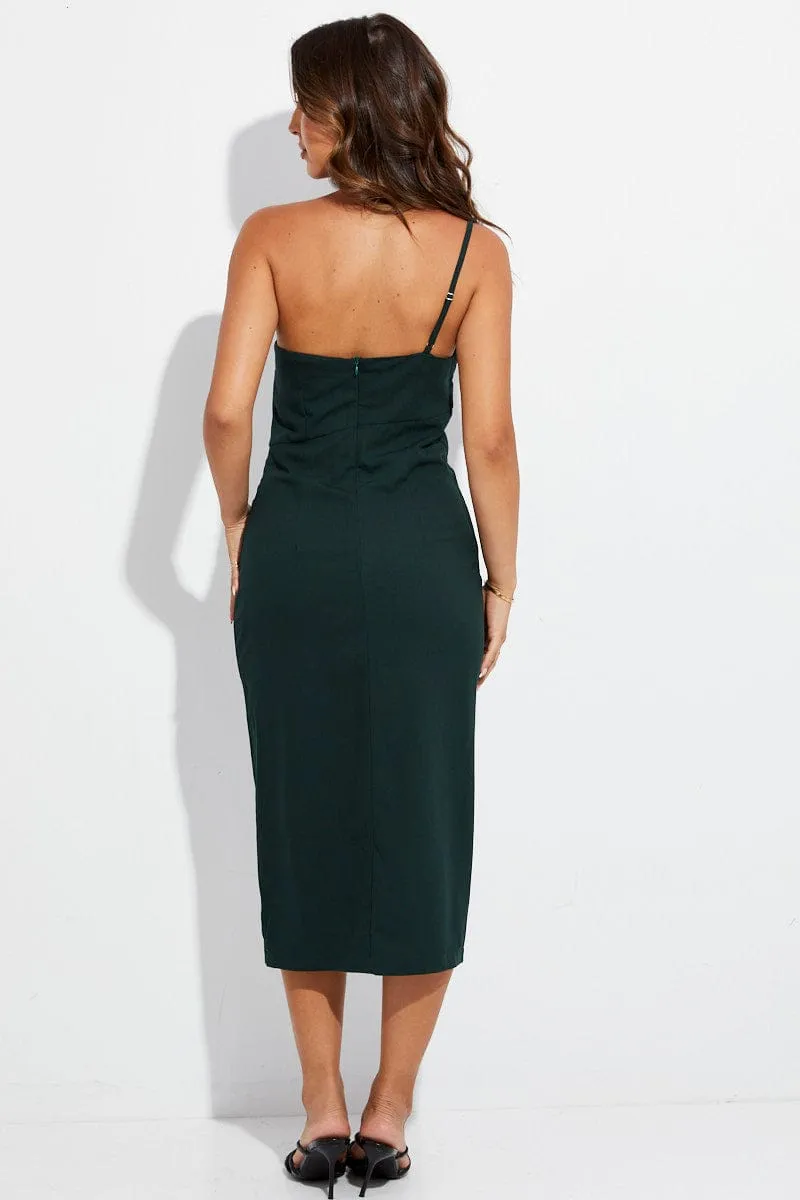 Stylish Outfit Green Midi Dress One Shoulder Asymmetric