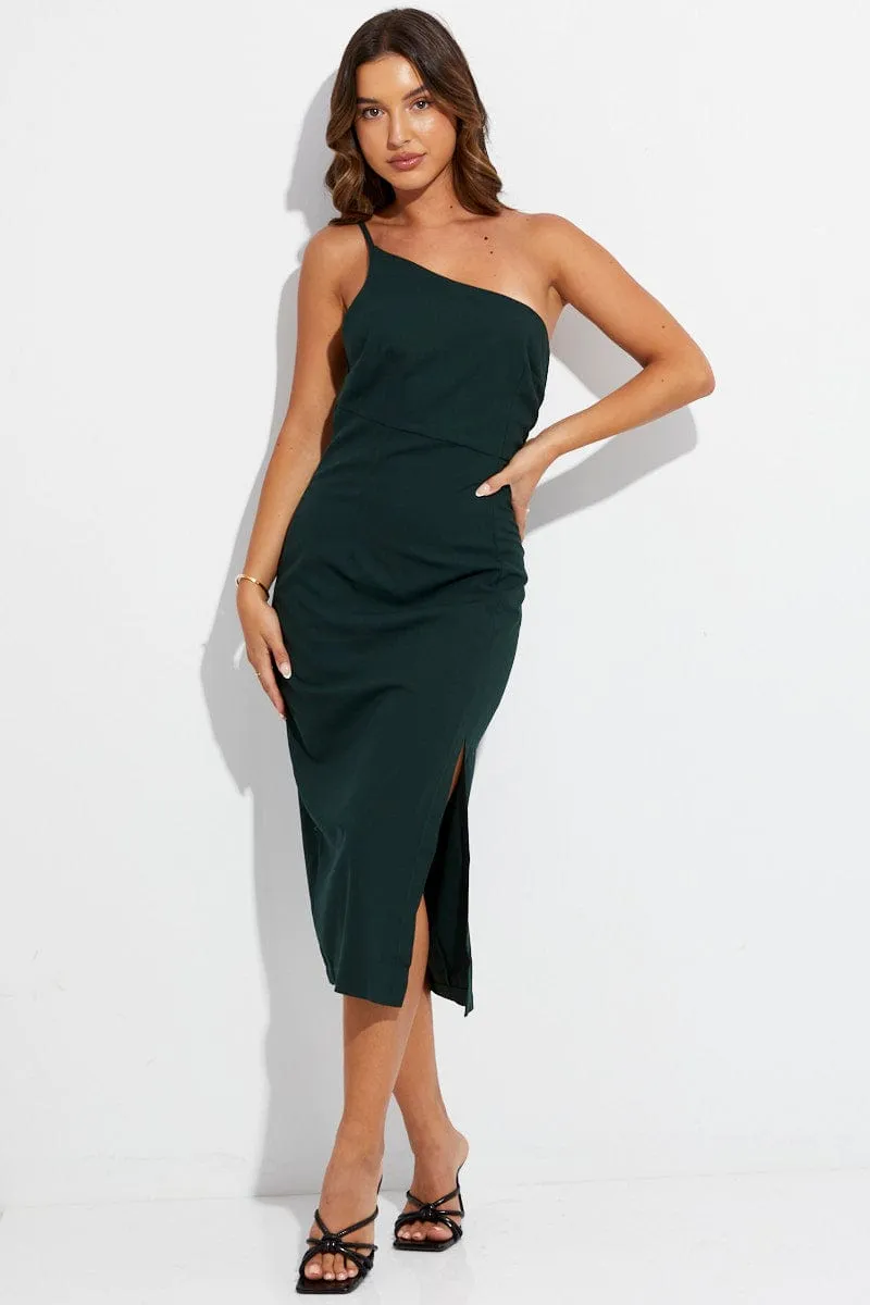 Perfect holiday dress Elegant and timeless look Green Midi Dress One Shoulder Asymmetric