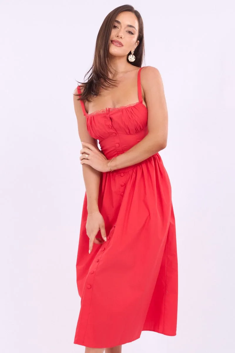 Red Midi Dress Lace Trim Corset Detail Poplin City Sleek Relaxed Look