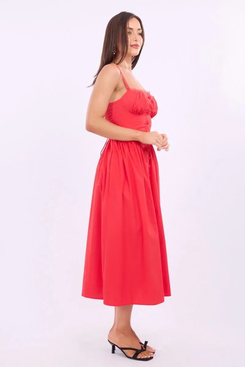 Red Midi Dress Lace Trim Corset Detail Poplin Graceful Aging
