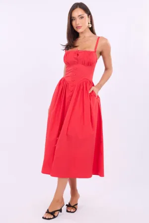 Red Midi Dress Lace Trim Corset Detail Poplin Winter Snow