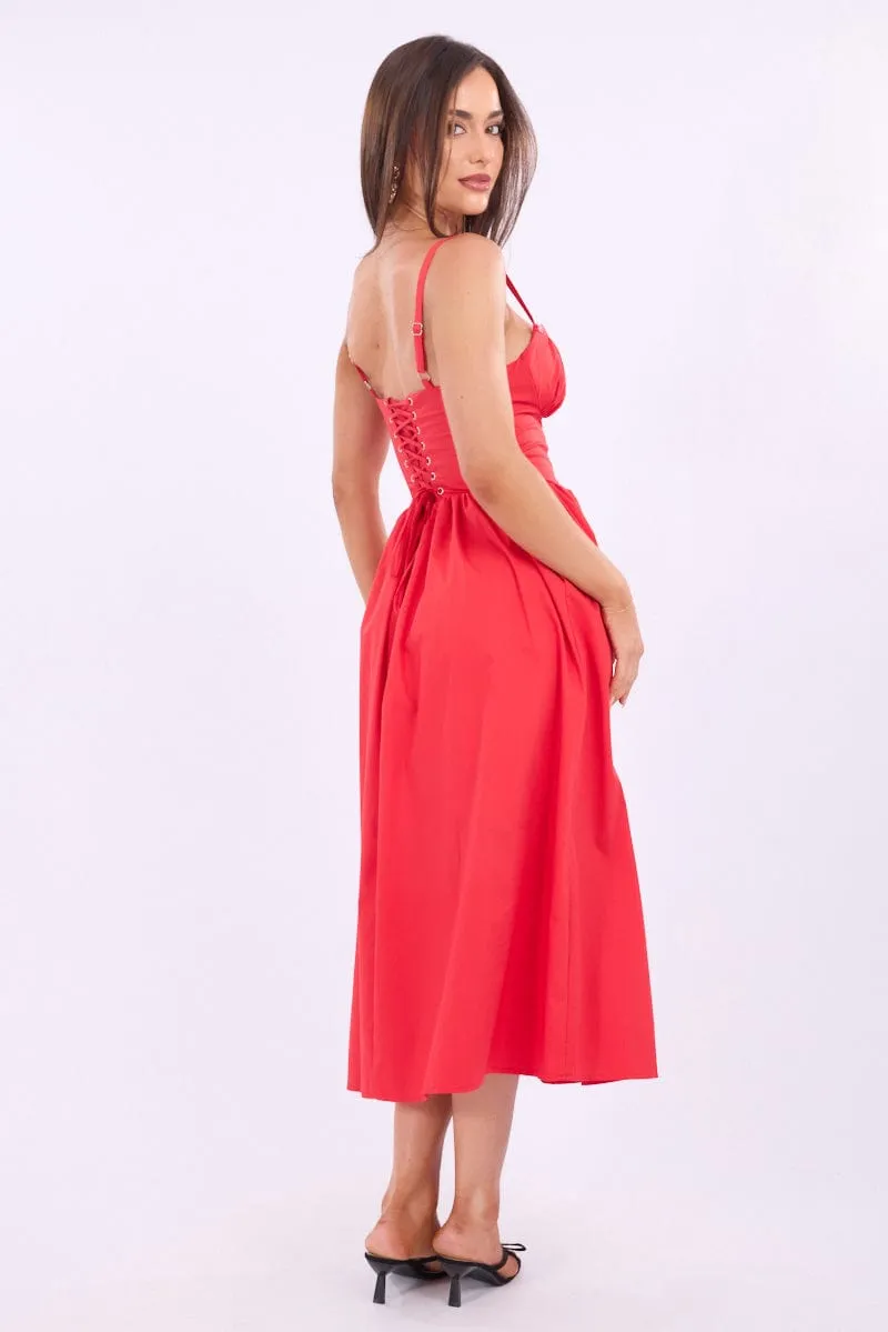 Red Midi Dress Lace Trim Corset Detail Poplin Beach Path Brass Light