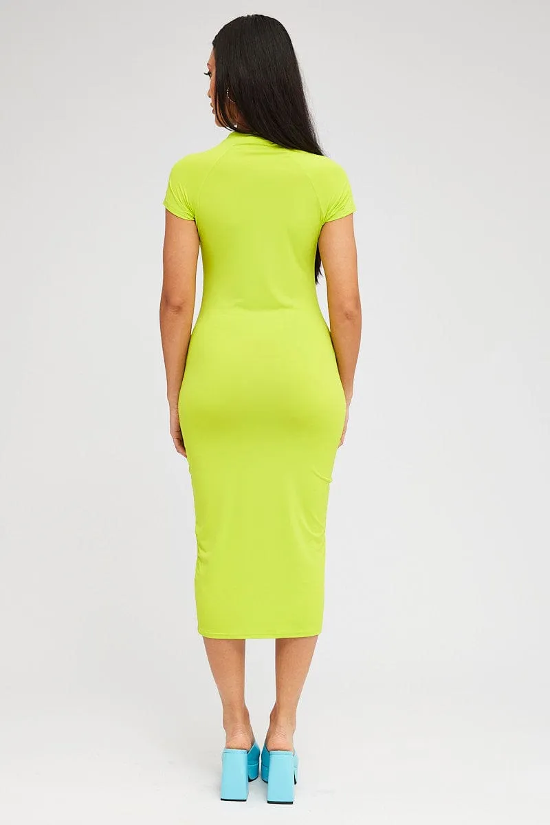 Nordic Edge Flattering wear Green Midi Dress Short Sleeve Crew Neck Bodycon Graphic