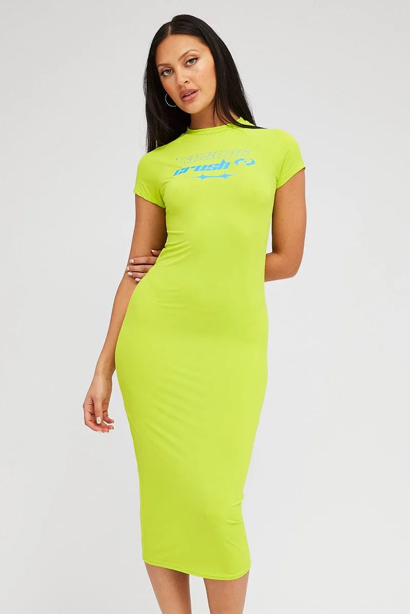 Green Midi Dress Short Sleeve Crew Neck Bodycon Graphic Elegant dress for brunch