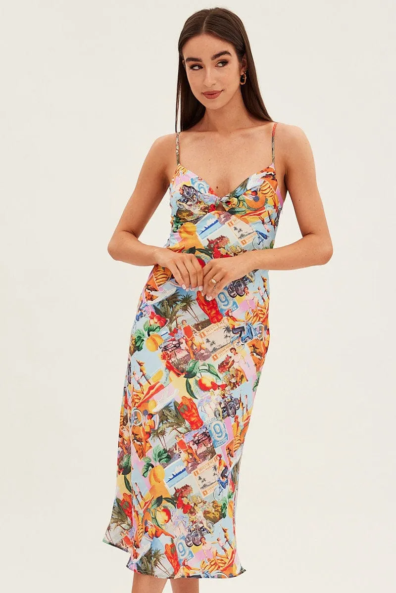 Wearable Art Orange Abstract Slip Dress Satin Midi Postcard Holiday Print