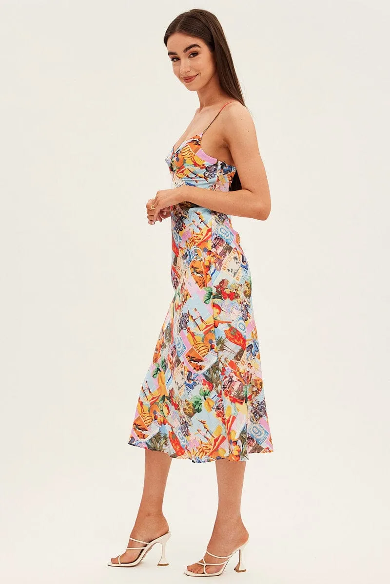 Timeless Fashion Emerald Glow Orange Abstract Slip Dress Satin Midi Postcard Holiday Print