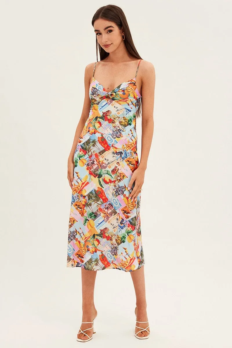 Event Ready Orange Abstract Slip Dress Satin Midi Postcard Holiday Print