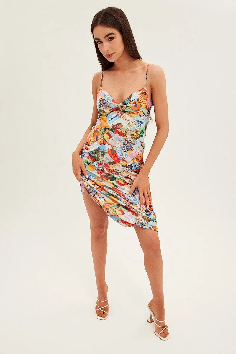 Orange Abstract Slip Dress Satin Midi Postcard Holiday Print bike lane Sophisticated mid-calf gown