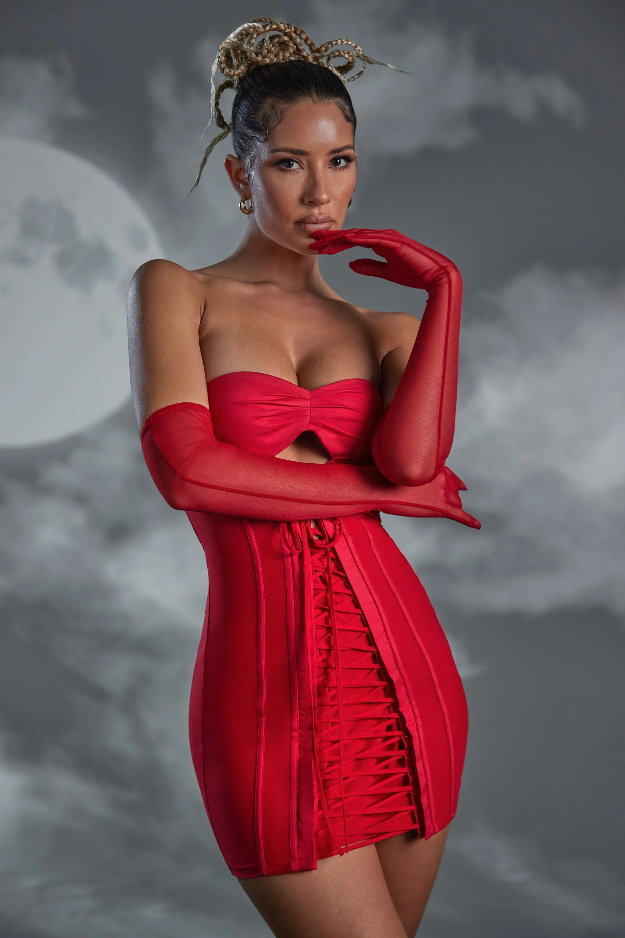 Edge Beat Uniform Drape Lace Up Bandeau Mini Dress in Red