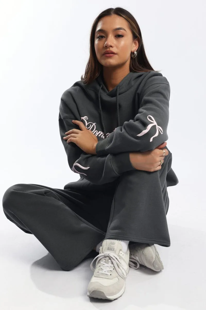 Grey Graphic Hoodie Sweater Long Sleeve goes with boots Urban Chic