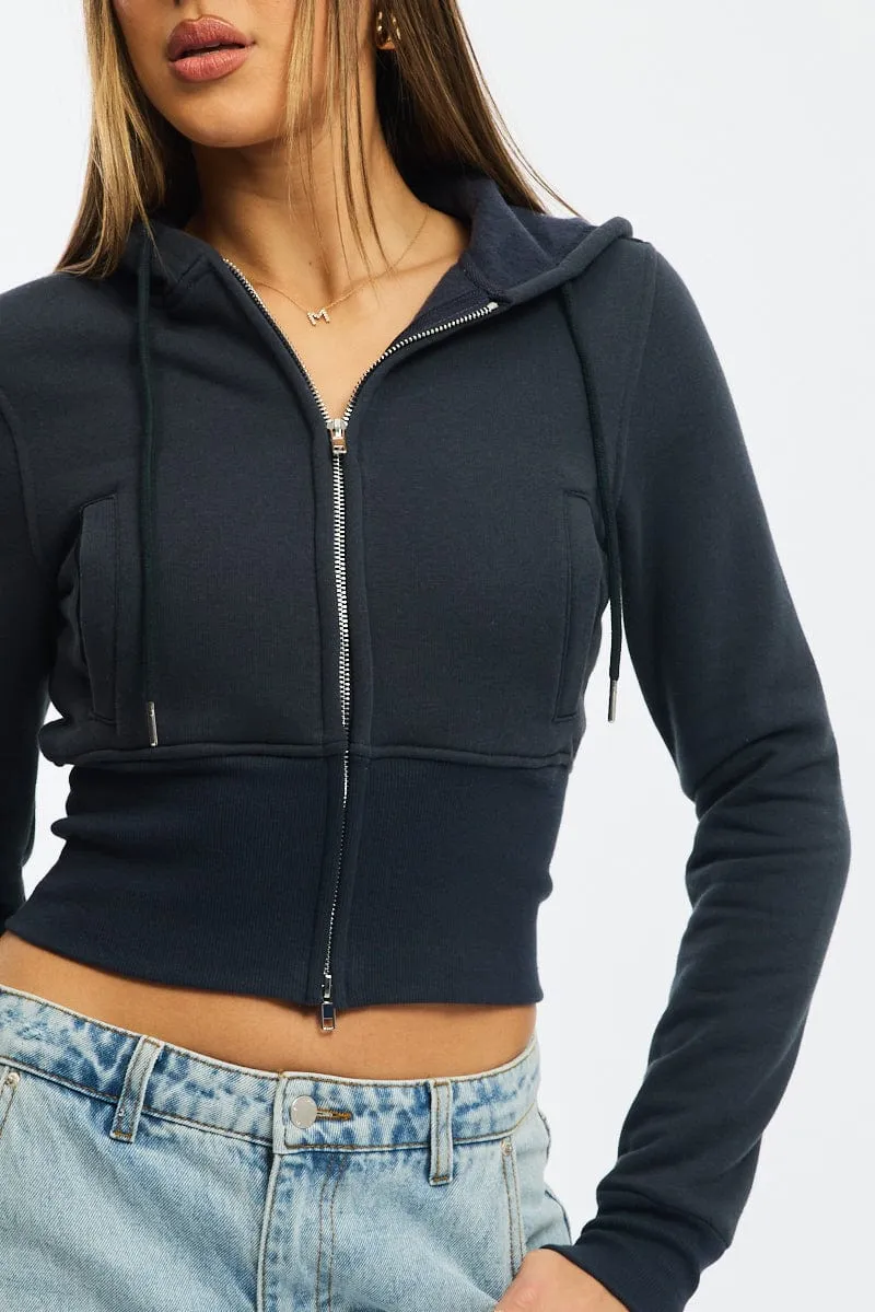 Fashion Basic Basic Wear Blue Zip Through Hoodie