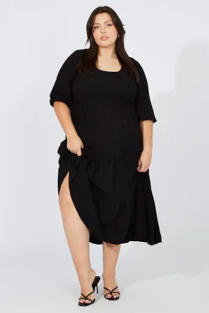 Wave Crest Dye Art Black Shirred Bodice Linen Blend Maxidress Puff Sleeve