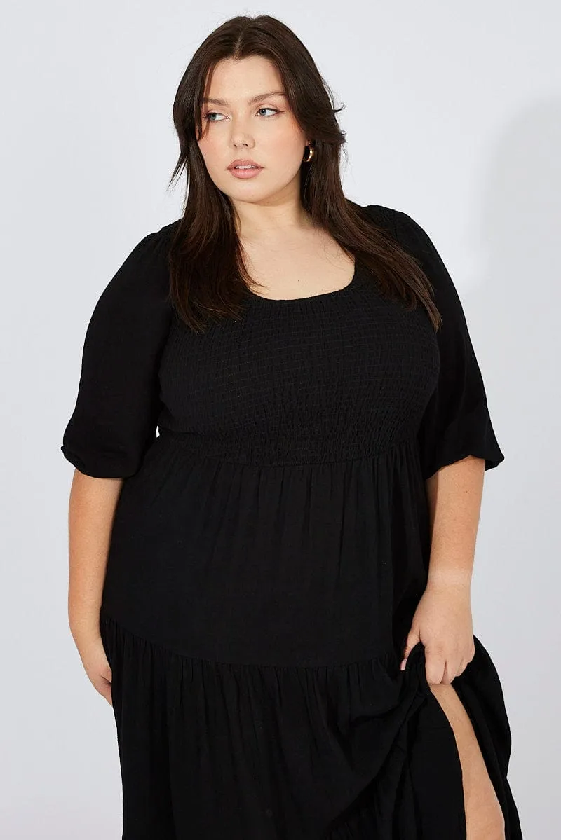 The classic cut of this maxi dress ensures a flattering fit for all body types relaxed elegance Black Shirred Bodice Linen Blend Maxidress Puff Sleeve