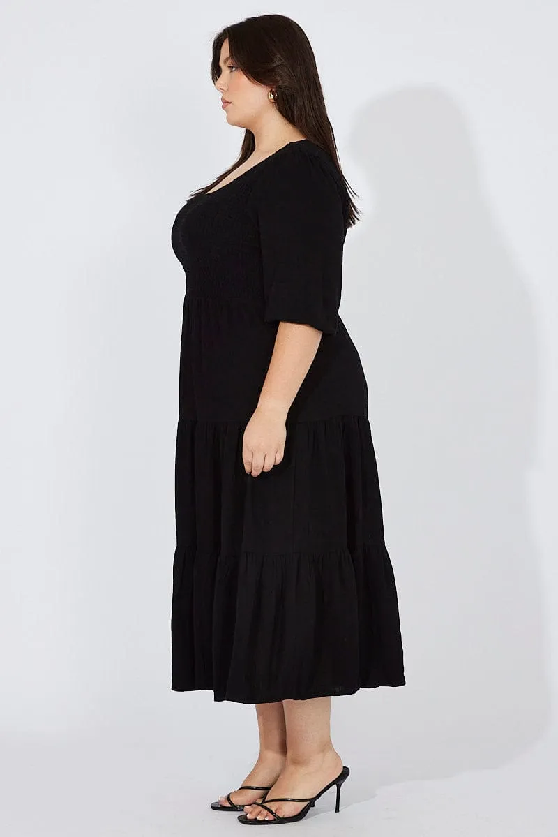 Black Shirred Bodice Linen Blend Maxidress Puff Sleeve Crepe Glow Calm River