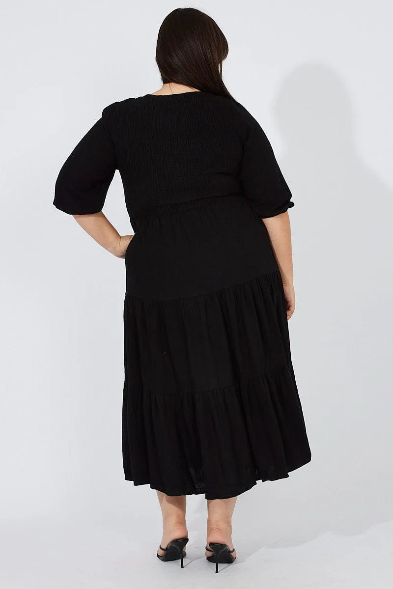 Evening Mist Dream Flow Black Shirred Bodice Linen Blend Maxidress Puff Sleeve