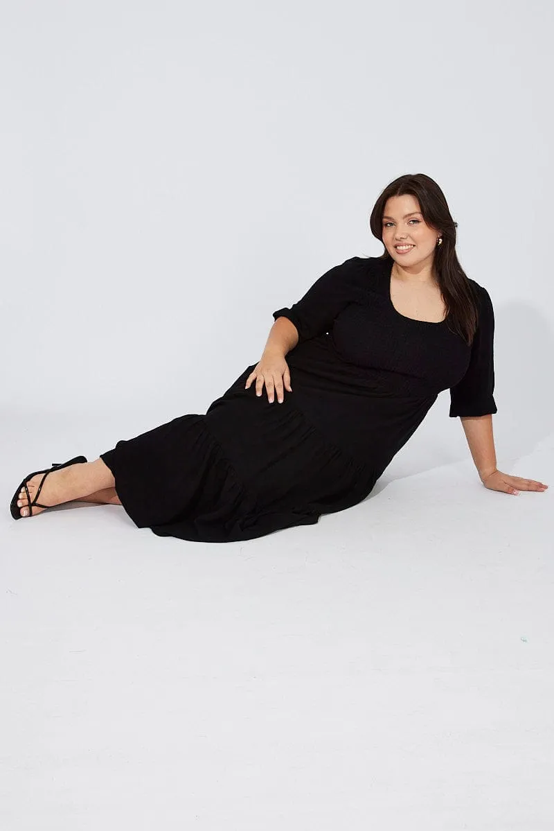 Inner peace Black Shirred Bodice Linen Blend Maxidress Puff Sleeve