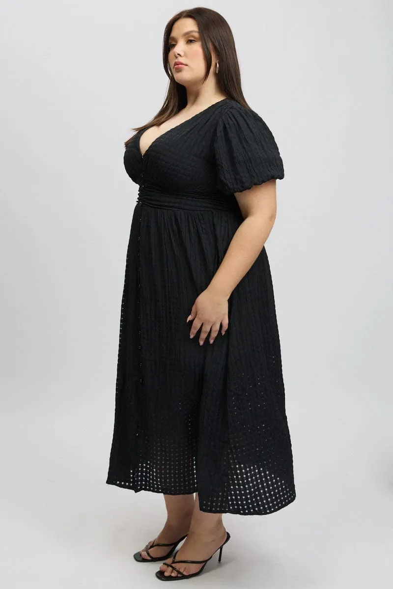 Black Midi Dress Short Sleeve V-Neck Window Check Tower View Moon Rise
