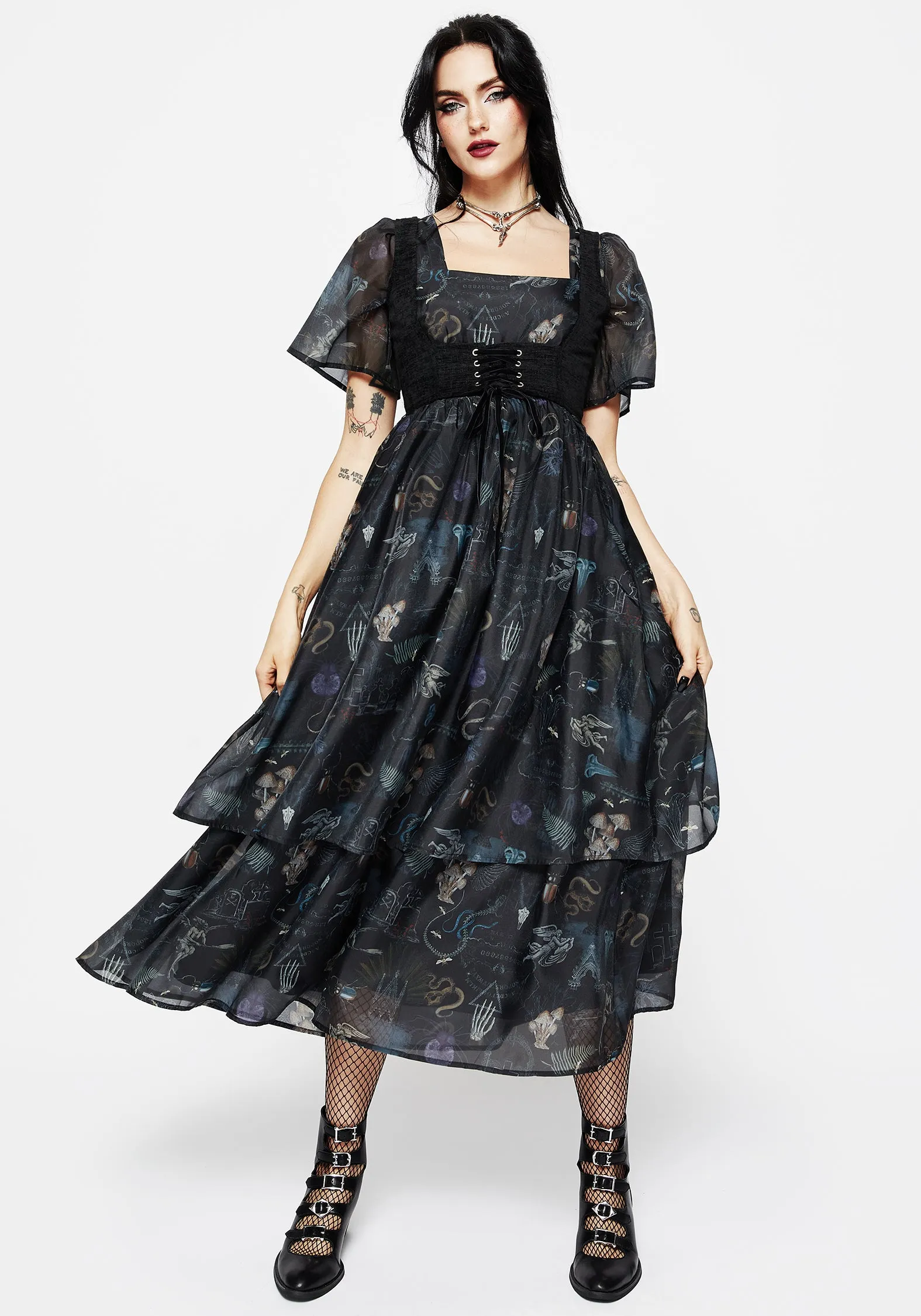 Maudeline Victoriana Print Layered Organza Midaxi Dress Ethnic Vibe White Peak