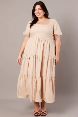 Beige Scoop Neck Linen Maxidress With Pockets Cool Air Bell Sleeve