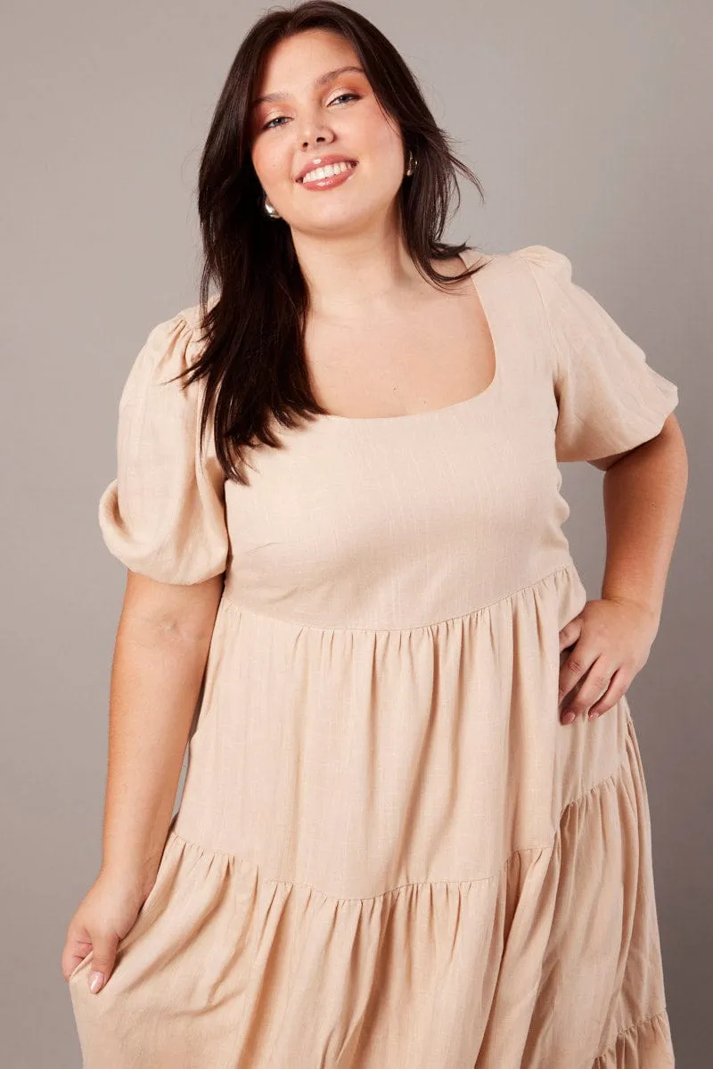 Beige Scoop Neck Linen Maxidress With Pockets Poplin Smooth