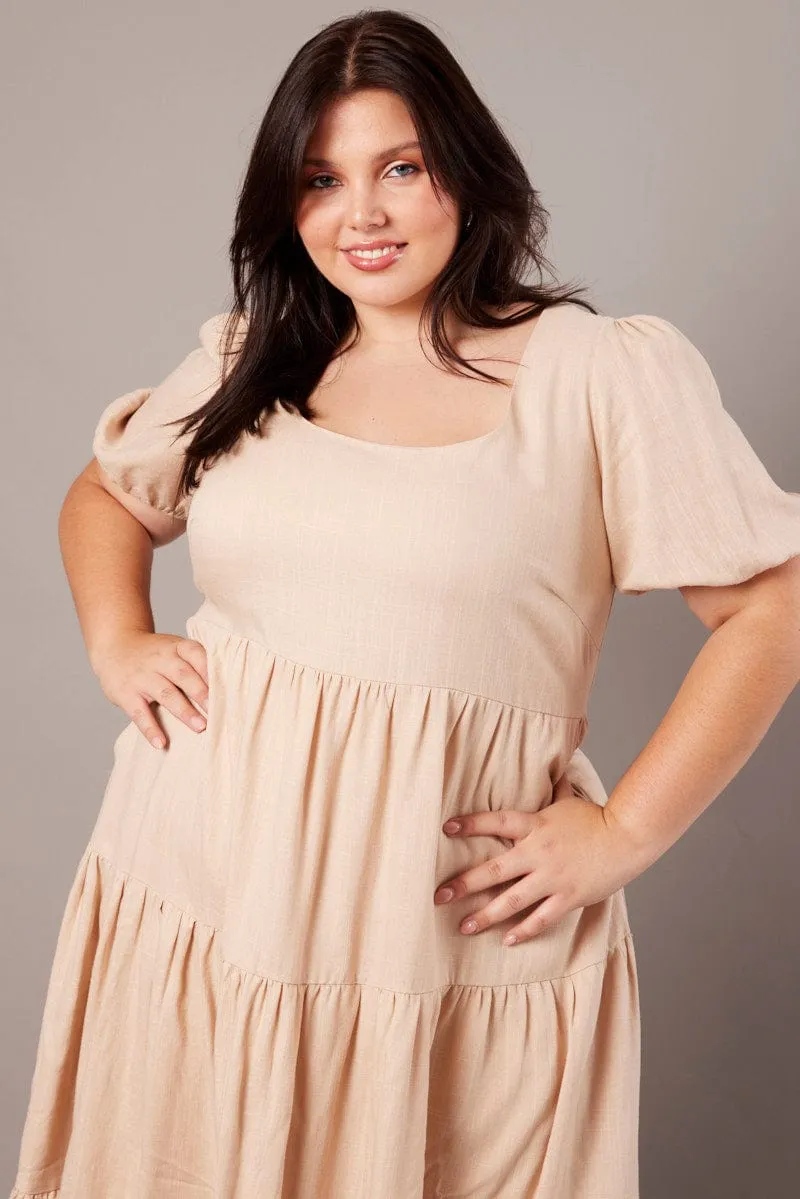 Clear Day Beige Scoop Neck Linen Maxidress With Pockets
