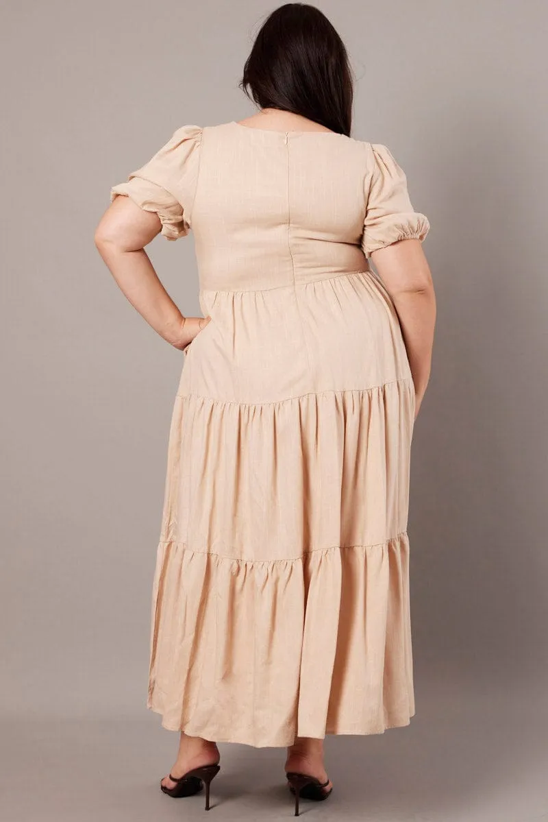 With its graceful design this dress creates a polished look for any occasion Designed to suit all body types this dress provides a flattering fit for every figure Beige Scoop Neck Linen Maxidress With Pockets
