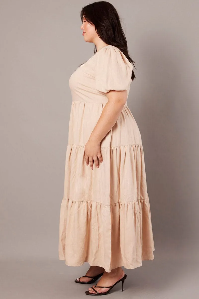 Azure Tide Happy Vibe Beige Scoop Neck Linen Maxidress With Pockets