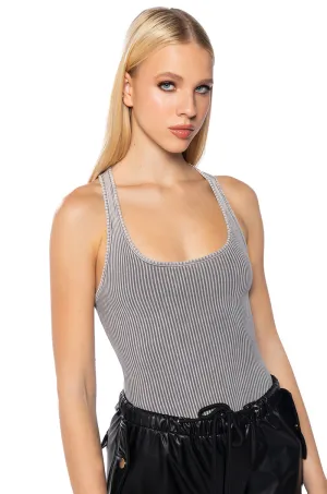 BROOKLYN MINERAL WASH SCOOP NECK BODYSUIT IN LIGHT GREY Flexible Neckline Ribbed Texture Finish