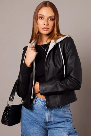 Core Layer Classic Fit Black Faux Leather Jacket Long Sleeve Hoodie