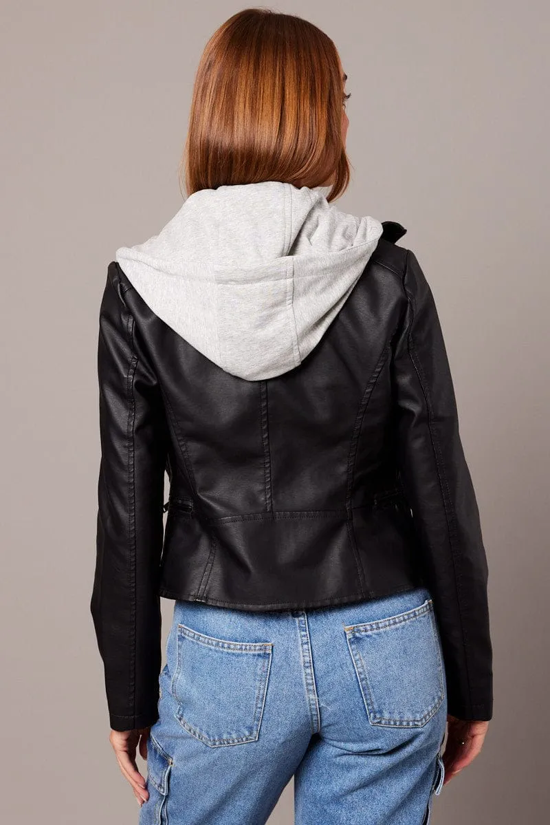 product low end affordability Anti Odor Black Faux Leather Jacket Long Sleeve Hoodie