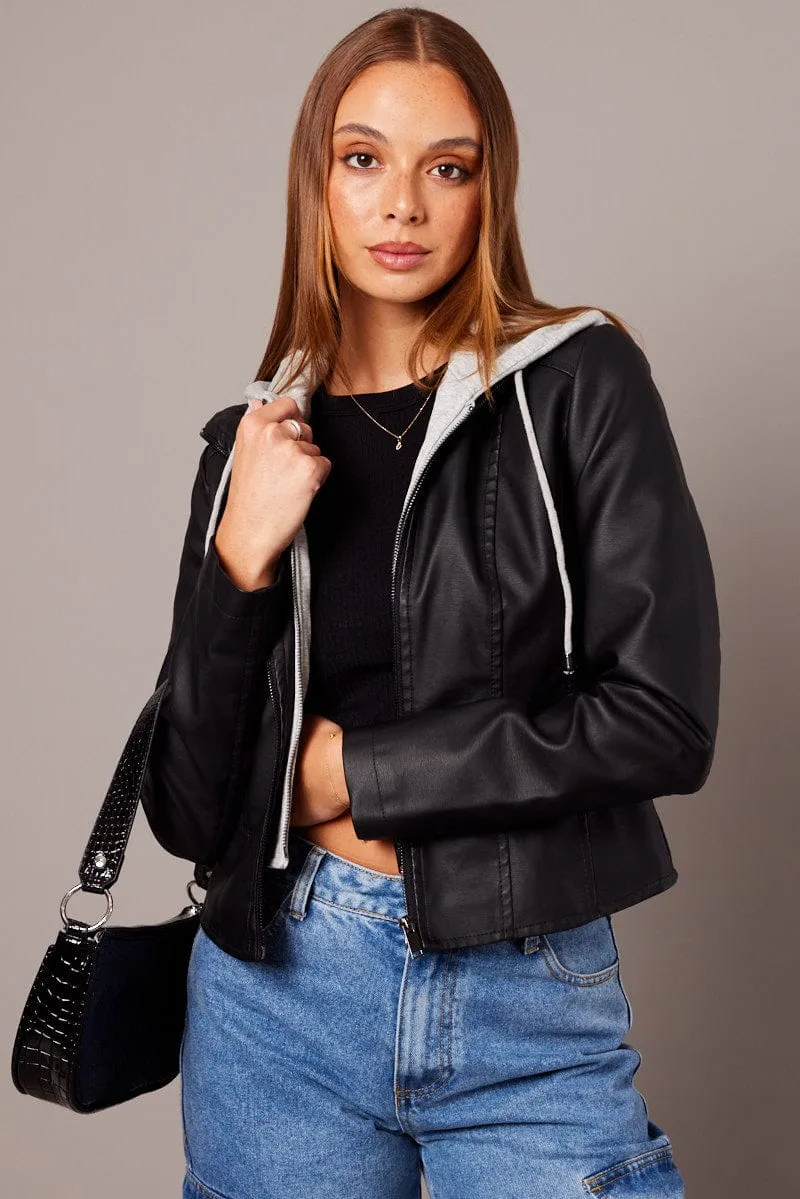 Core Layer Classic Fit Black Faux Leather Jacket Long Sleeve Hoodie